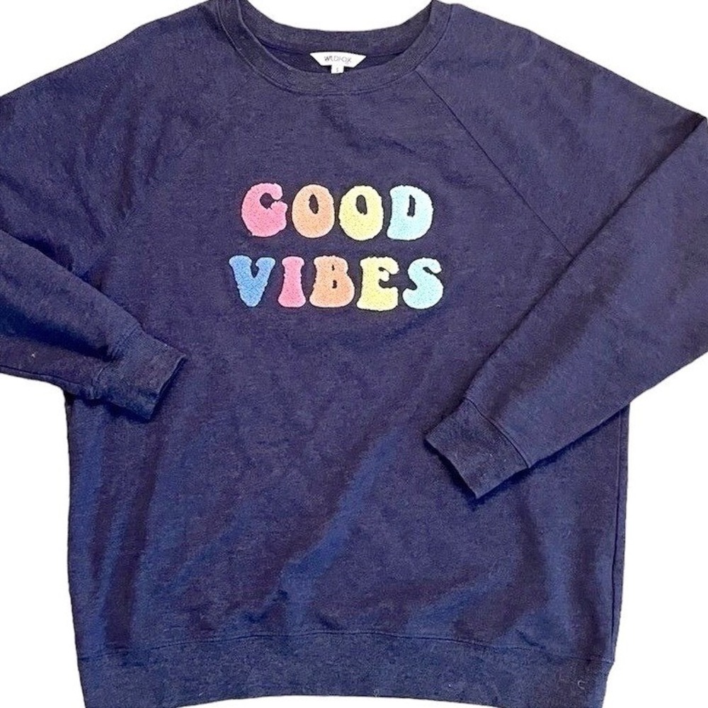 Wildfox 'Good Vibes' Sweatshirt Navy Blue Rainbow Chenille Graphic Womens Small